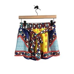 Sweet Wanderer Multicolor Shorts Geometric Floral Print Tie Waist- Medium